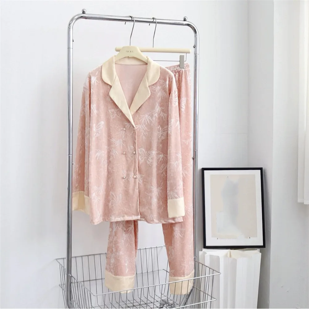 

Велюровая одежда для сна, 2 шт., пижамный костюм, женская домашняя одежда, ночная рубашка с длинными рукавами и бабочкой, домашняя одежда, комплекты брюк