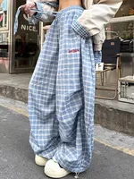 Y2K Women Streetwear Harajuku Vintage Blue Plaid Pants Acubi Casual High Waist Sweatpants Wide Leg Baggy Trousers 2000s Clothes