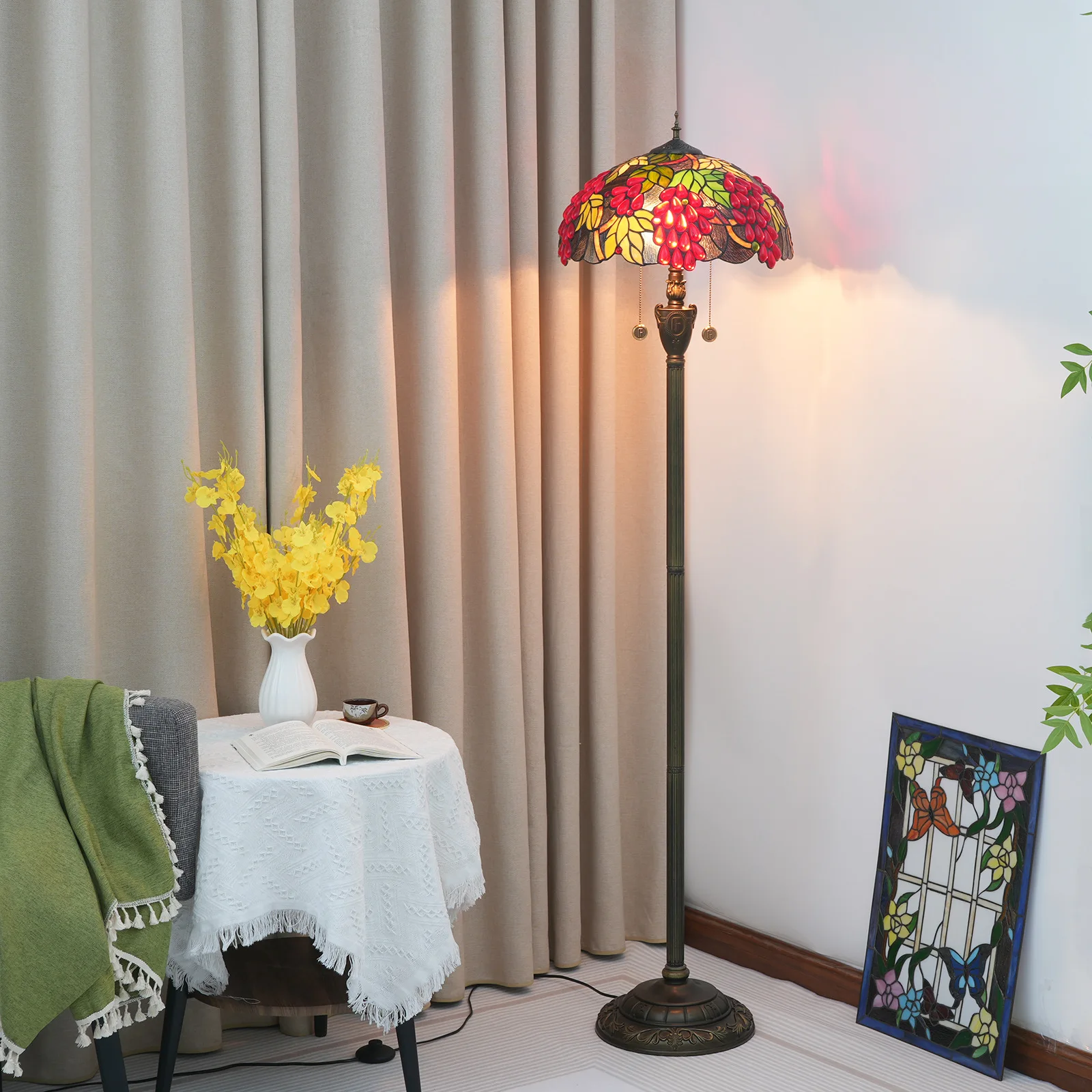 

Luxury 16inch 40cm Tiffany Stained Glass Harvest Grape Lampshade Floor Lamp Standing Light for Bedroom Living Room Home Office