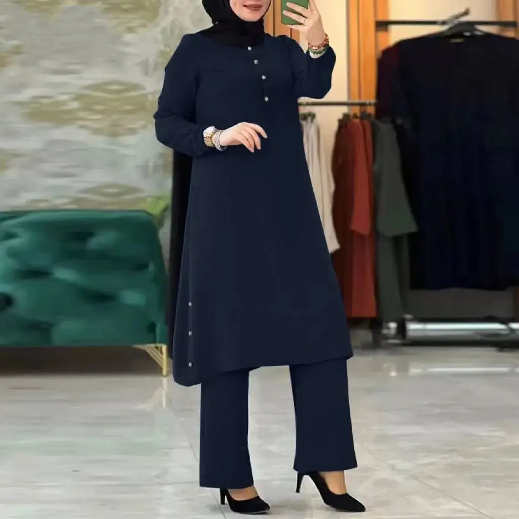 

Quality New Muslim Solid Color Long Sleeve Side Seam Decorative Wooden Buckle Elastic Waist Women's Set Factory Batch Elegant