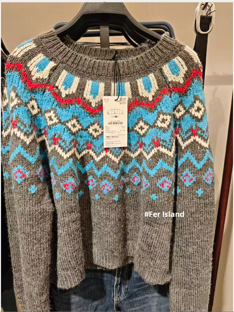 

Милый вязаный свитер в стиле ретро Fair Isle, длинный свек, круглый, с вышивкой, Новое поступление, зима 2022, женская свободная повседневная одежда