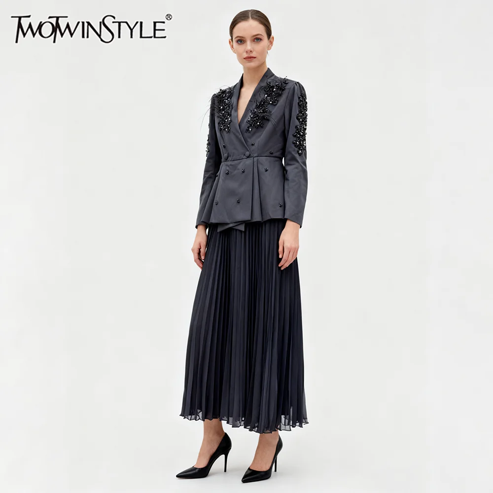 

TWOTWINSTYLE Комплекты из двух предметов для женщин, туника с v-образным вырезом и длинными рукавами, топ из бисера, высокая талия, лоскутная складная юбка, комплект женской новинки