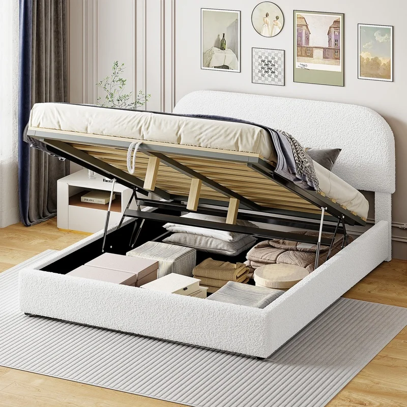 White Upholstered Platform Bed with Hydraulic Storage, Queen Size