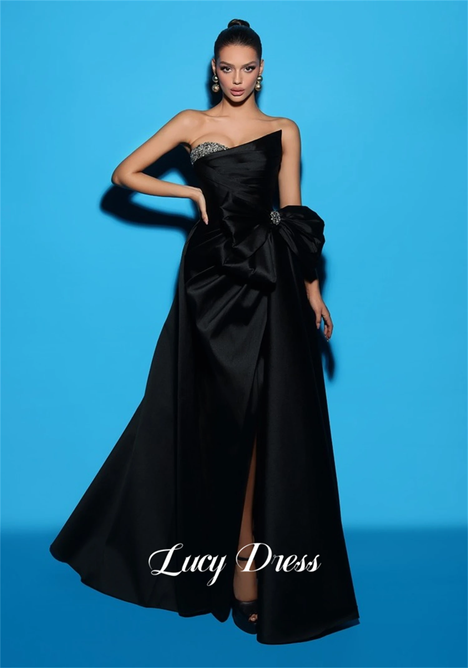 

Lucy Line A Satin Evening Dress Glitter Decoration Bow Black Strapless Luxury Party Dresses for Prom Ball Gowns Wedding 2024