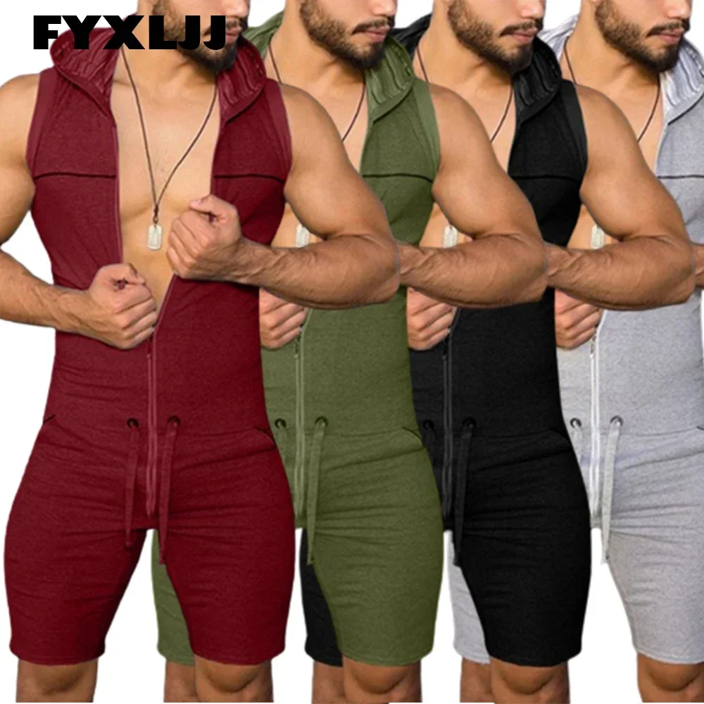 

Men Casual Solid Color Sleeveless Jumpsuits One Piece Short Pants Zipper Hooded Sport Bodysuits with Pocket Male Fashion Rompers