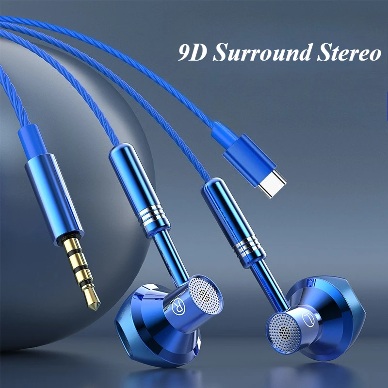 

New 9D Surround Sound Earphones Metal Type C/3.5mm Headset in-ear Gamer Headphones Wired Control Earbuds for Samsung with HD Mic