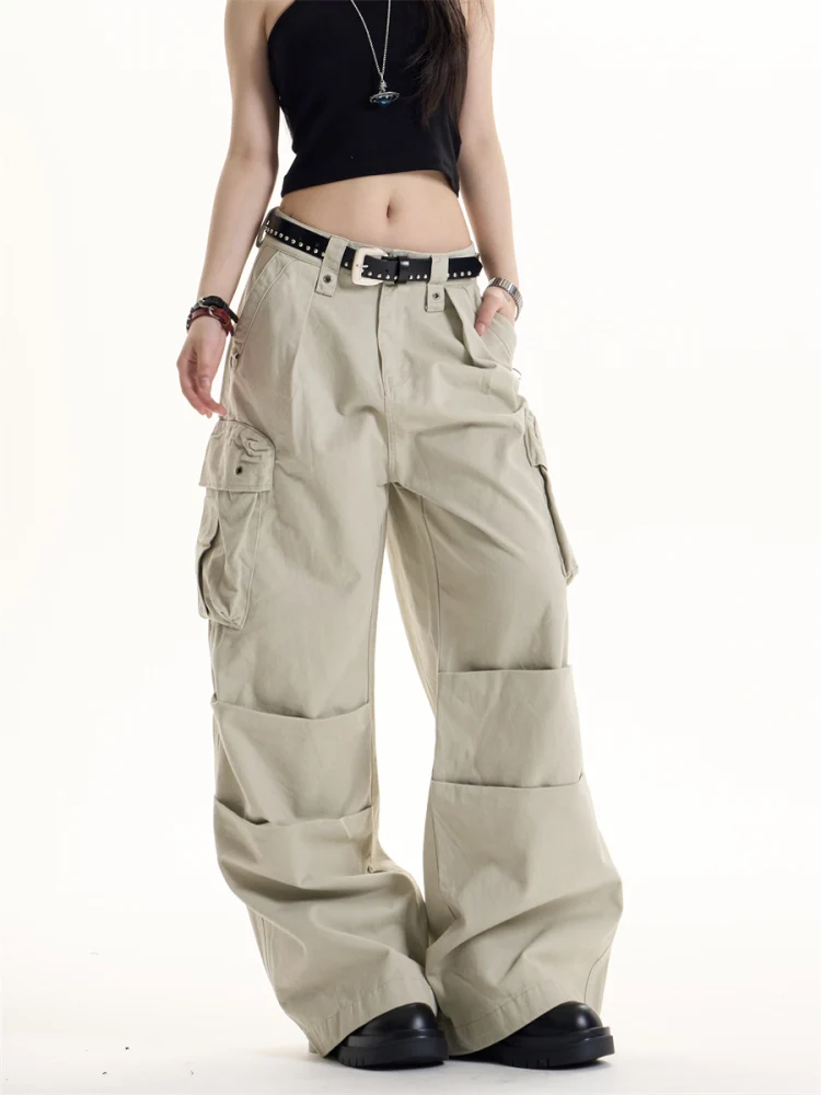 Street Style American Retro Hot Girl Multi Pocket Work Pants Women Summer Loose Straight Wide Leg Casual Long Trousers