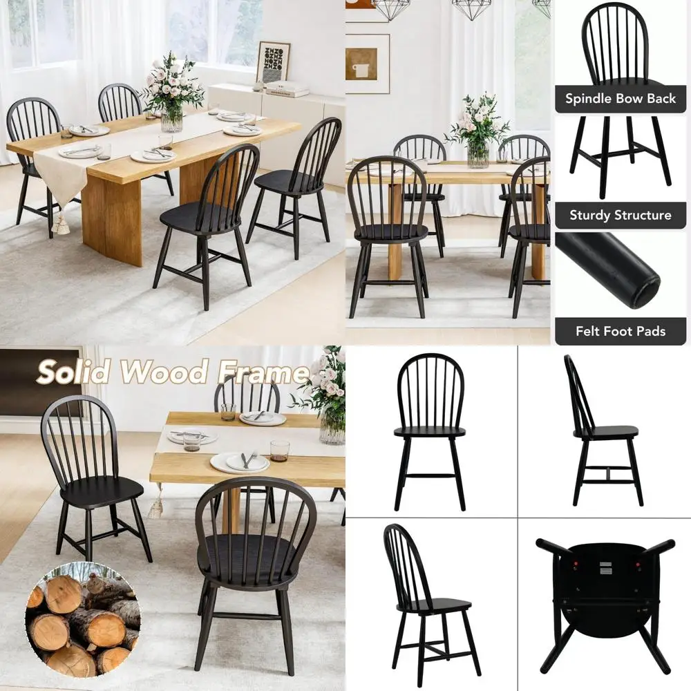 مجموعة من 4 كراسي لتناول الطعام في المزرعة باللون الأسود، وكراسي خشبية على طراز وندسور مع ظهر مغزل، وتصميم كوخ حديث بدون ذراع #1