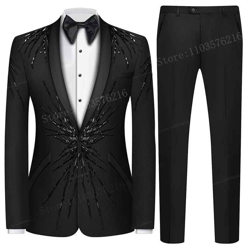 Luxury Men Suits 2 Pieces Blazer Jewelry Decoration One Button Prom Tuxedo Slim Fit Wedding Groom Costume Homme