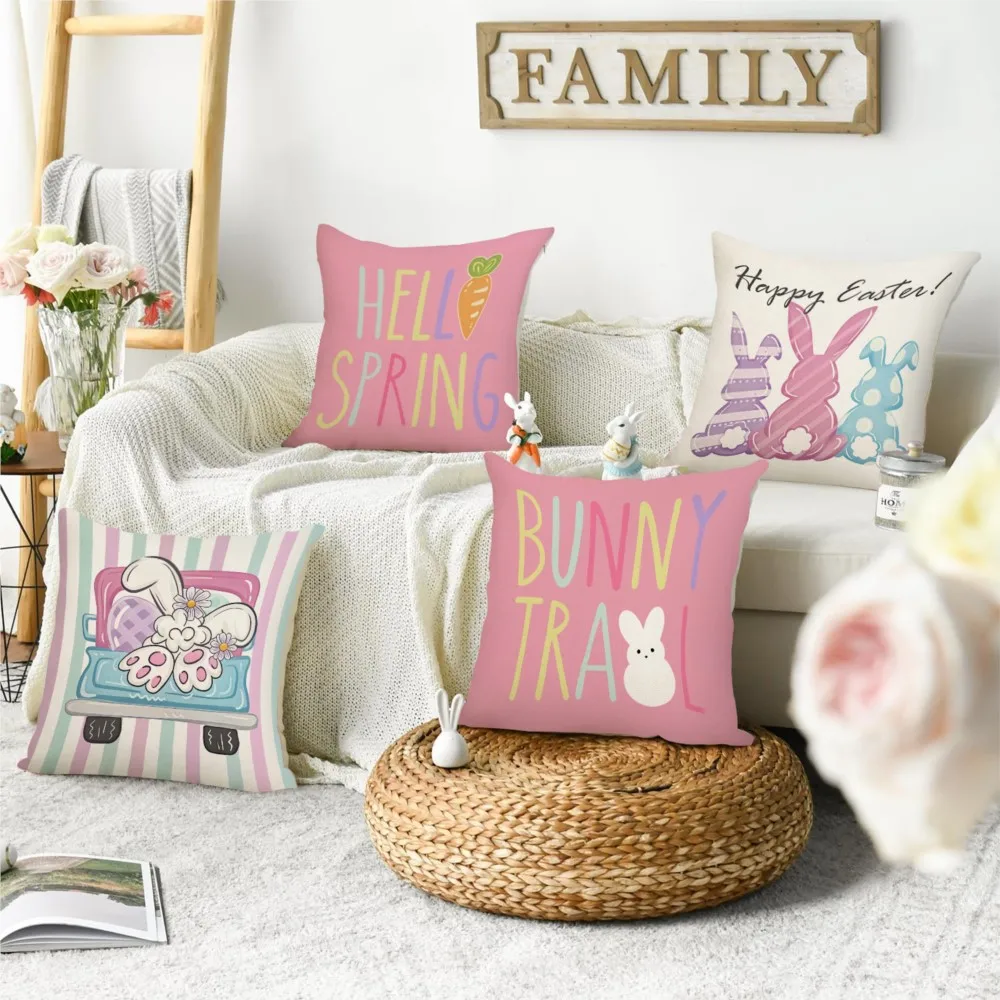 4pcs Spring Easter Happy Throw Pillow, Cute Rabbit, Plant Flowers, Double-Sided Printed Design, Soft Plush Cushion with Insert