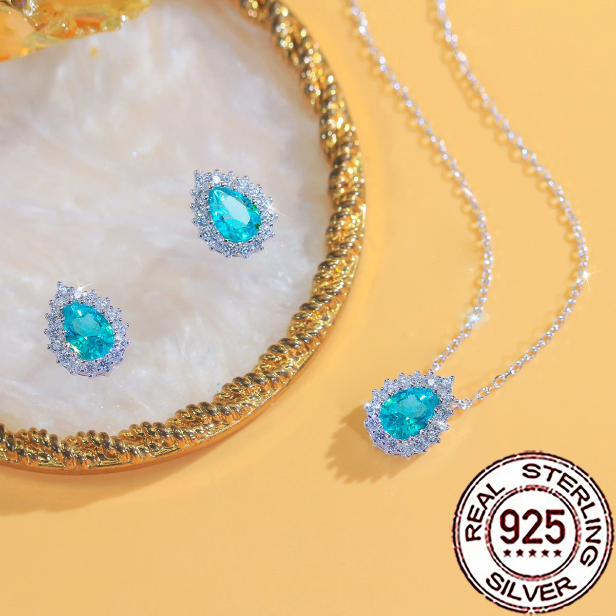 QooLady 925 Silber Luxus Grüner Paraiba-Edelstein und CZ Anhänger Halskette Ohrring-Sets für Damen Hochzeit Party Edelschmuck ST056 – Detail 6