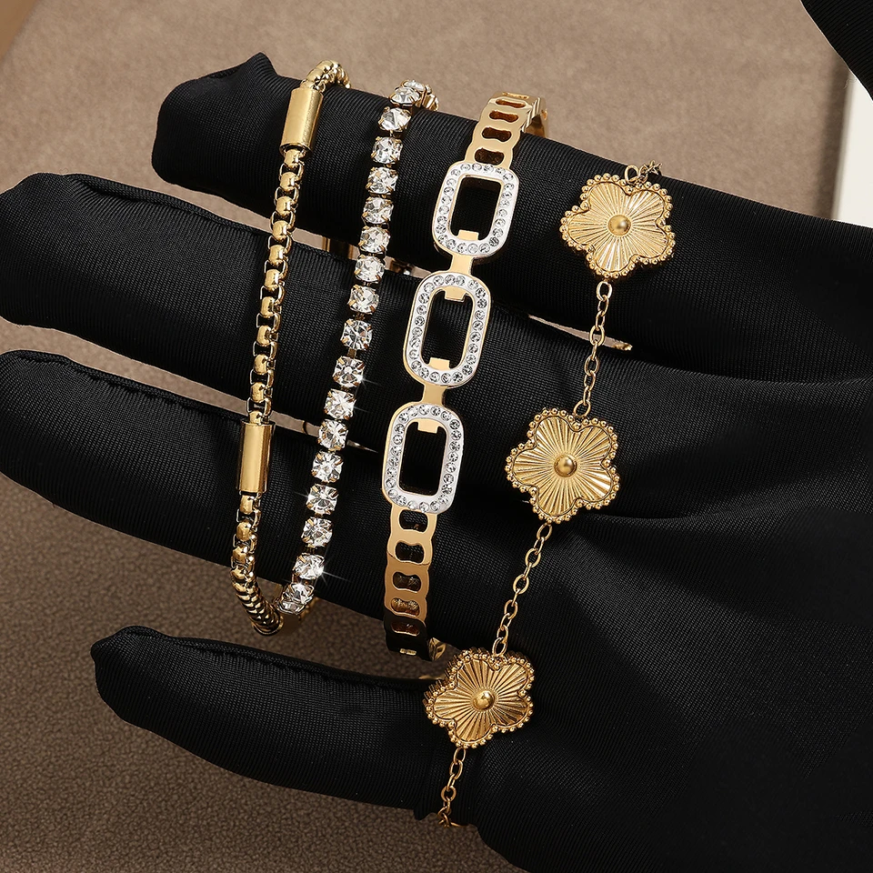 ZAKOL 3Pcs Gold Color Stainless Steel Stacked Bracelet Bangles for Women Geometric Five-Leaf Flower Zircon inlaid Bracelet Gift image 4