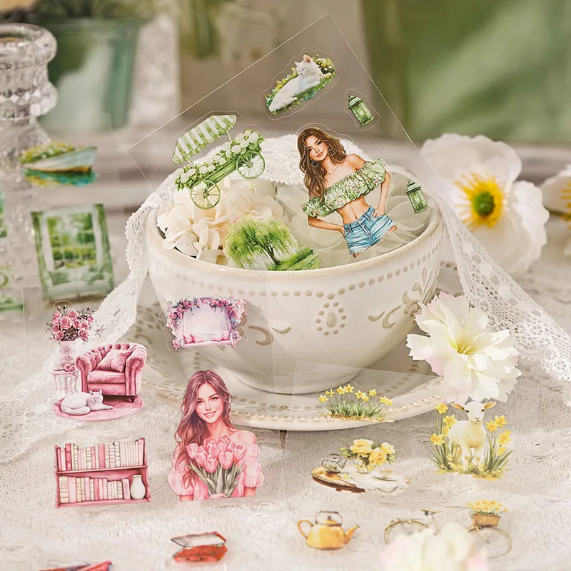 100pcs/Box PET Sticker Flower Blooming Four Seasons Stickers DIY Hand Account Background Stickers Retro Handbooks Decorative