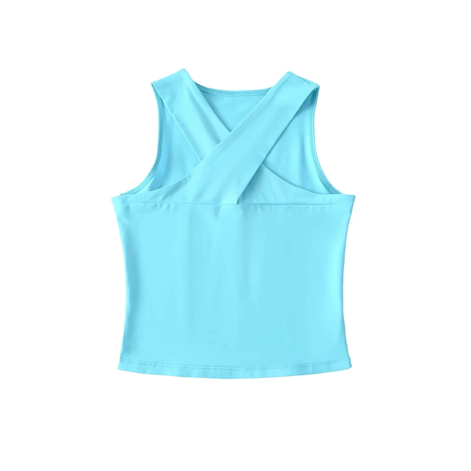 توب نسائي صيفي أمريكي الطراز بدون أكمام وياقة على شكل V متقاطعة، قميص أساسي نحيف بلون موحد مناسب للعمل #2