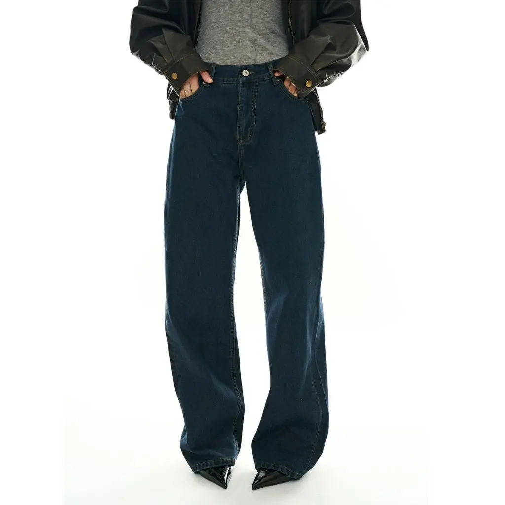 Damskie ciemnoniebieskie jeansy o prostym kroju w stylu retro-modern koreańskim, casualowe, dopasowane spodnie na zimę.