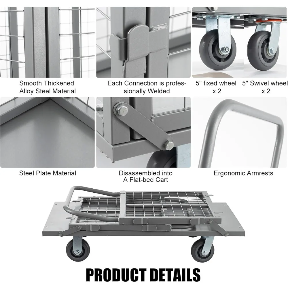 Carrinho de caminhão de plataforma com gaiola, carrinho de plataforma resistente 5 em 1 com gaiola, capacidade de 2000 lbs, carrinho de pressão dobrável, dolly com 5" fundido