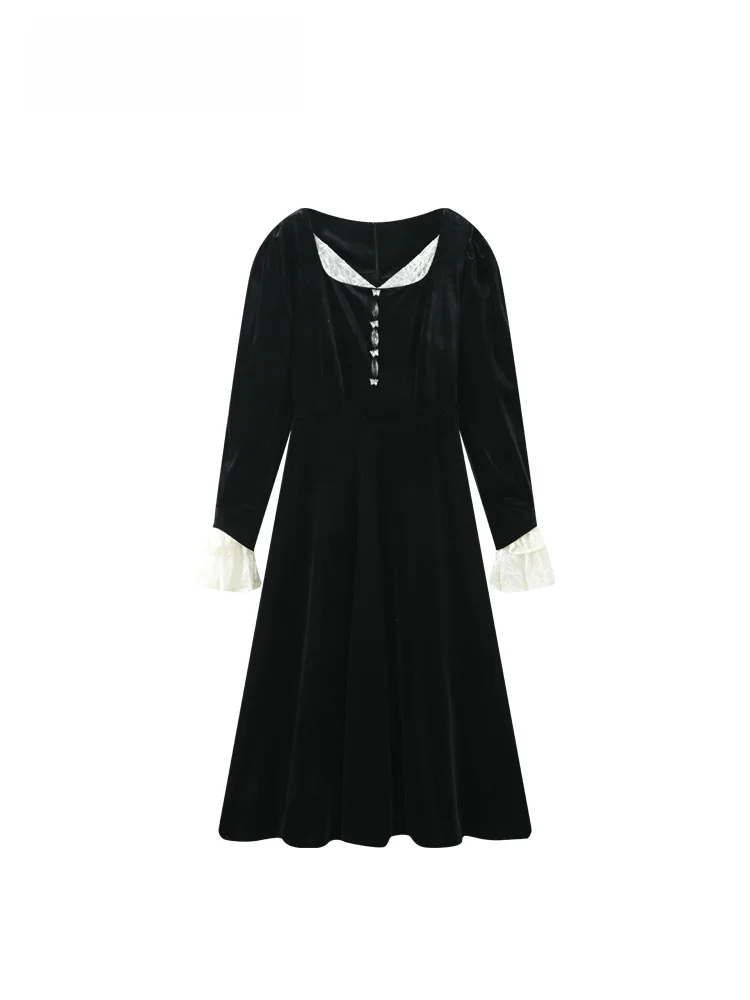 

plus Size Long Sve Square Ne Dr Women's Spring Fitting Bla Dr High Waist A-Line Velvet Casual Autumn Velvet Dr