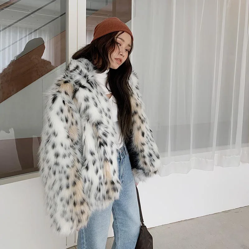 Fashion Lady Fur Coat Warm Faux Fur Coat Women's Winter Thick Cardigan Suit Collar Leopard Print Outerwear Korean Jacket Loose