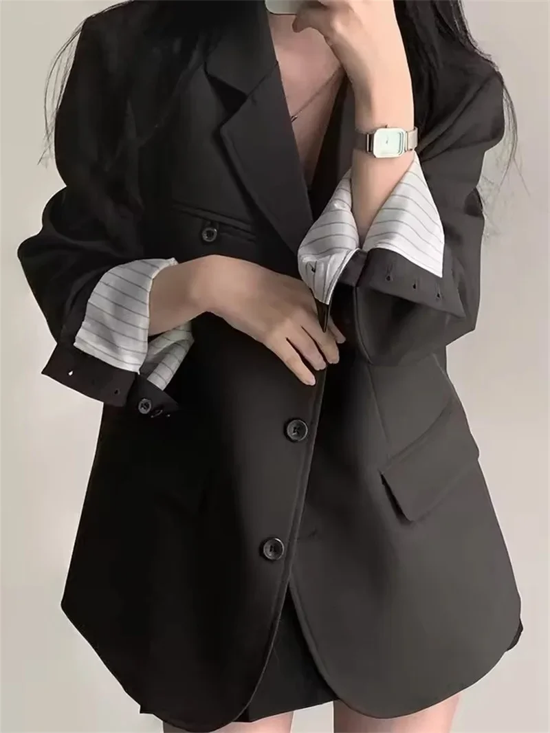 ポップポップファッション春カジュアルルーズ女性のスーツジャケット女性オフィス長袖ノッチ襟ボタンブレザーシックな通勤ワーク