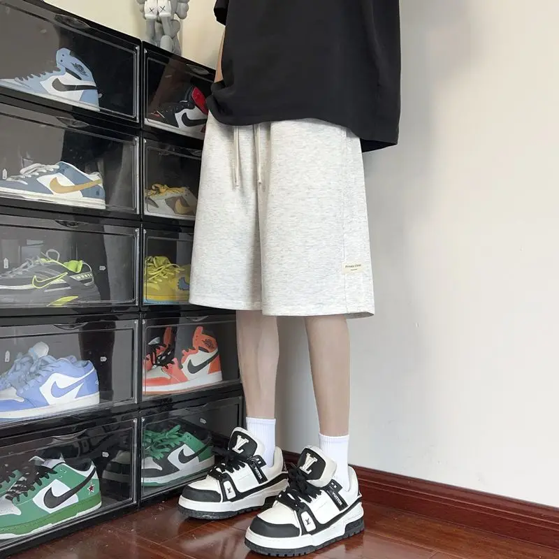 Summer Men New Loose Street Casual Solid Color Comfortable Shorts Elastic Waist Black Youth Drawstring All-match Middle Pants