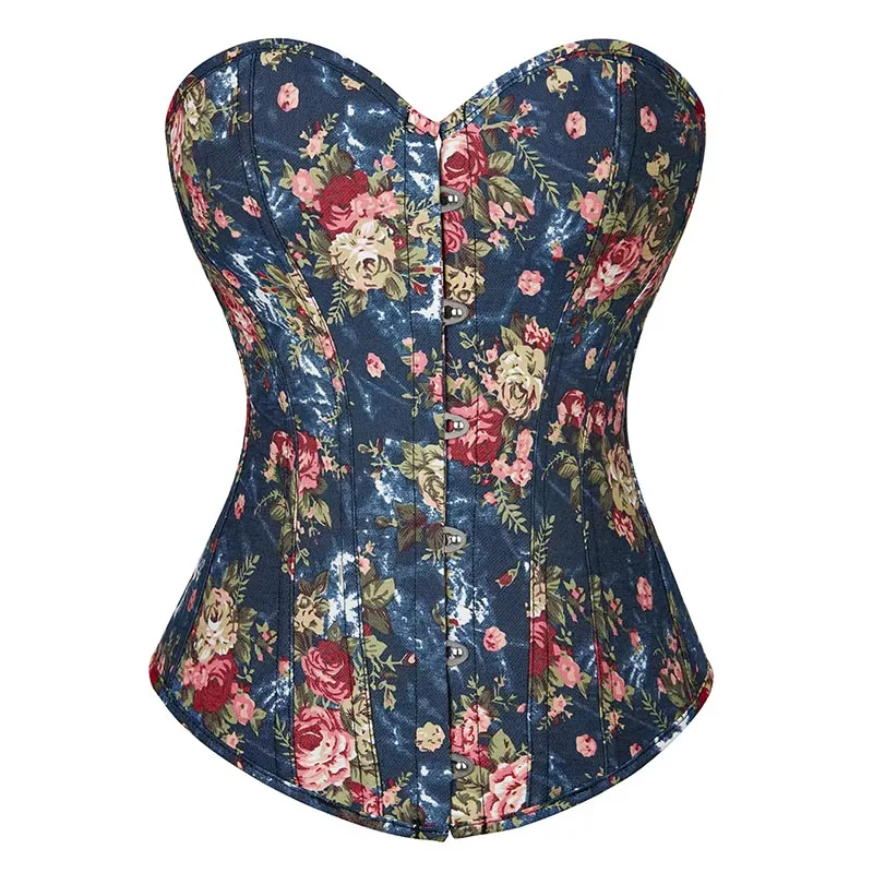 

Fashion Women Vintage Floral Denim Overbust Corset Bustier Top Gothic Lace Up Slimming Waist Trainer Body Shaper Korset Lingerie