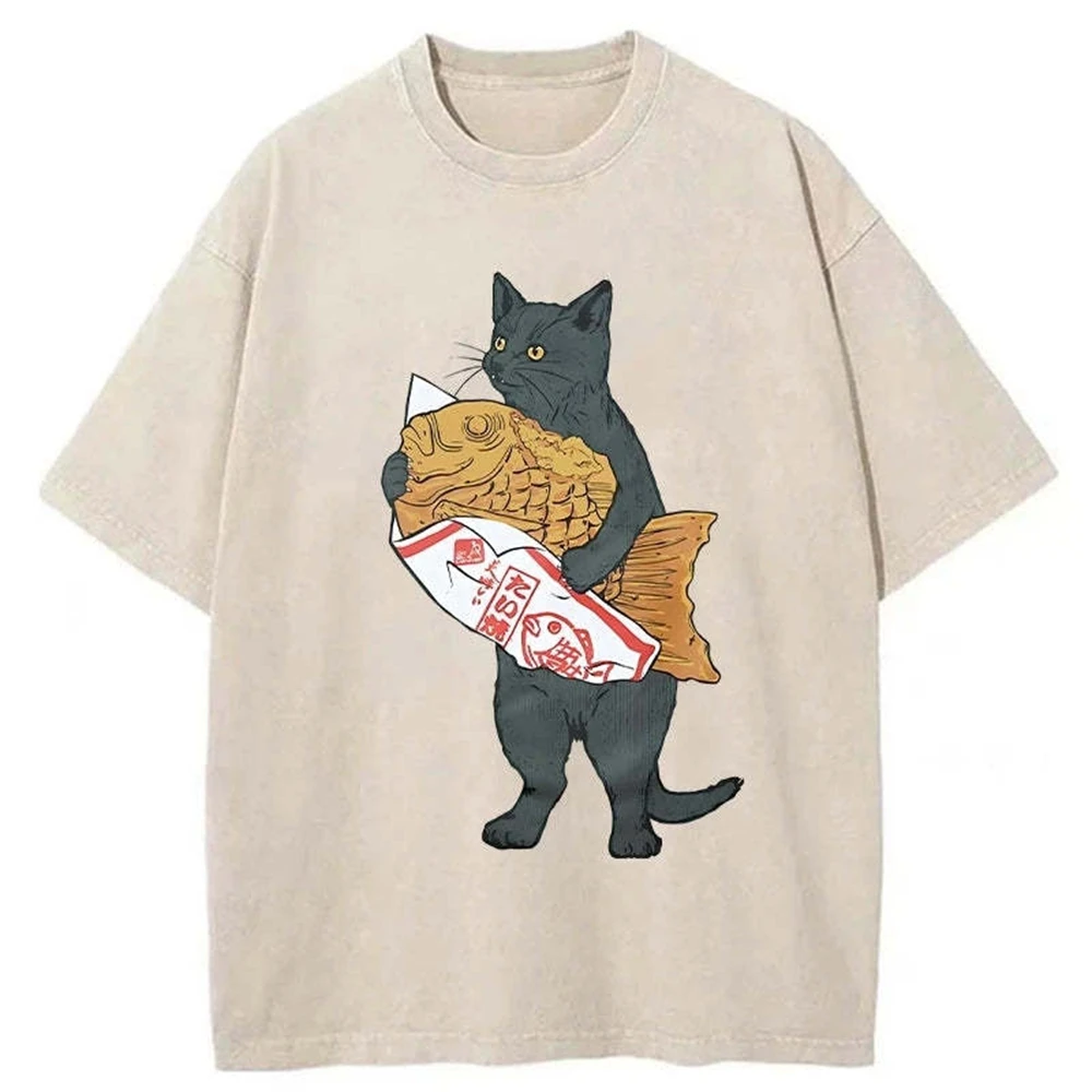 SOVOB Cat Holding Taiyaki Washed New in Top Tees Tee Shirt Homme Tshirt short sleeve Round Neck Printing Pullover T-Shirt 25451