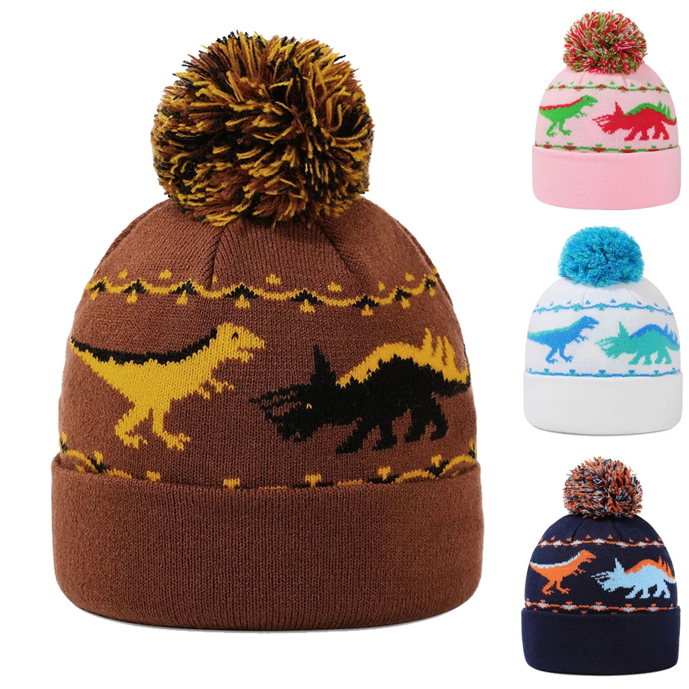 

Hat Winter Boy Girl Beanie Acrylic Knit Cap Pompom Dinosaur Children Accessory For Autumn Outdoor Cold Weather Skiing