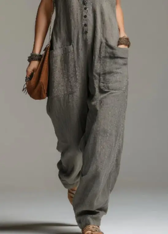 

Women's Sleeveless Ruffle Trim Button Front Pocketed Wide Leg Loose Spring Summer Solid Color Jumpsuit