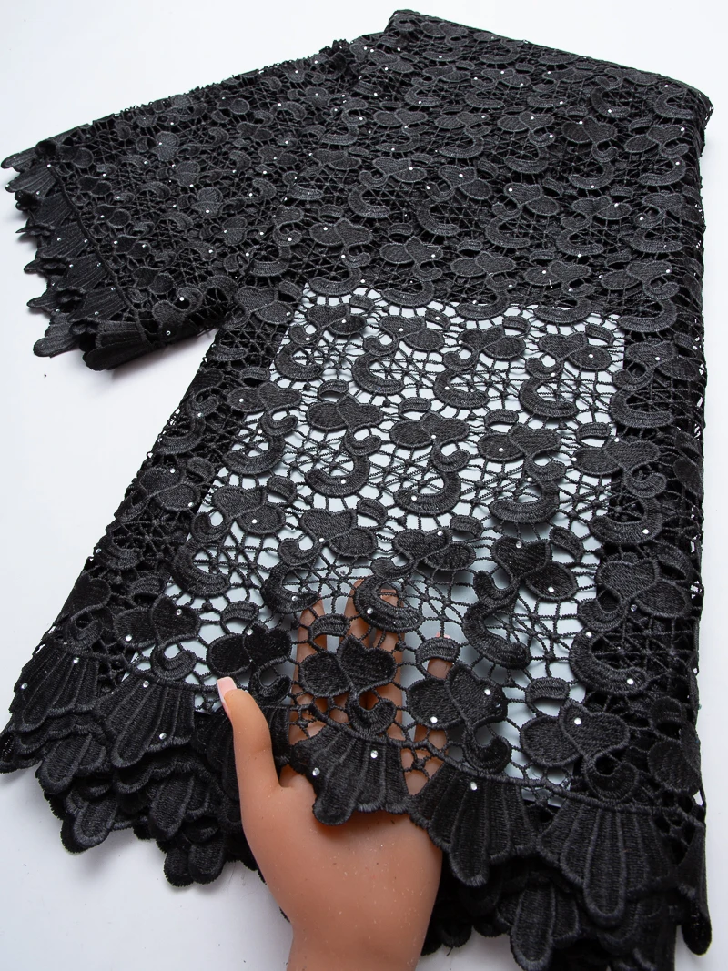 Black African Grand Wax Guipure Cord Lace High Quality Nigerian Sequins Water Soluble Lace Fabric For Sew Party Dresses,5yards