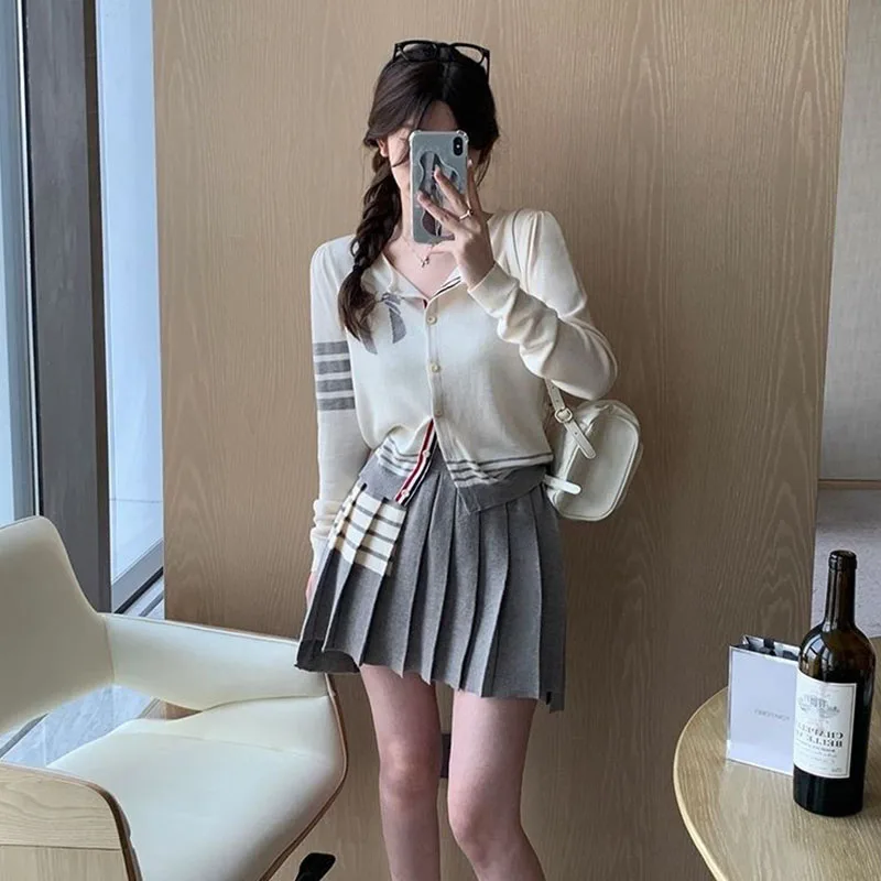 Korean College Style Short Skirt Set Knitted Cardigan Jacket+versatile Design Pleated Skirt Half Skirt Two-piece Set for Women