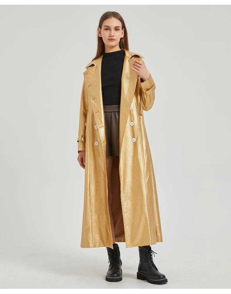 Lautaro Spring Autumn Extra Long Gold Shiny Pu Leather Trench Coat for Women Sashes Double Breasted Luxury Europe Fashion 2024