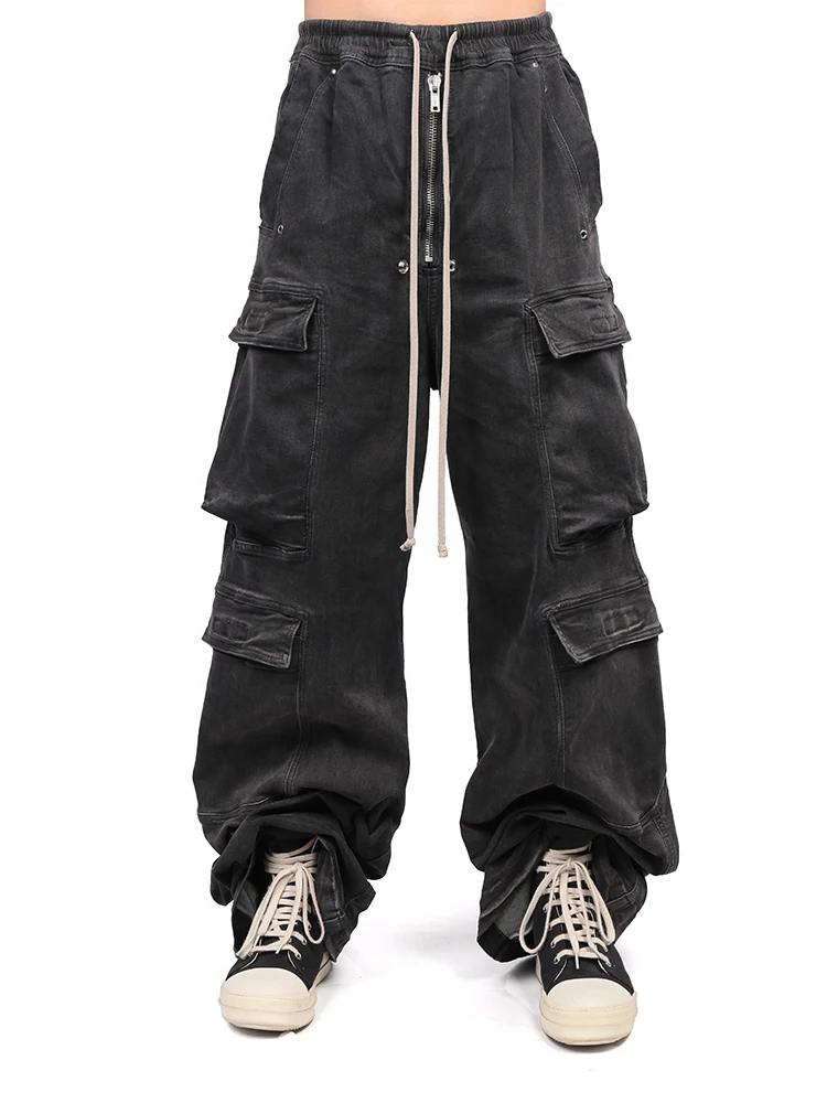 High Quality Niche Designer Style Dark Gradient Smoky Gray Wide Leg Jeans Loose Mopping Overalls