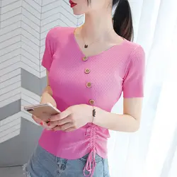 Fashion Solid Color Button Loose Bandage Bow Shirring Blouse Female Clothing 2023 Summer New Casual Pullovers Asymmetrical Shirt