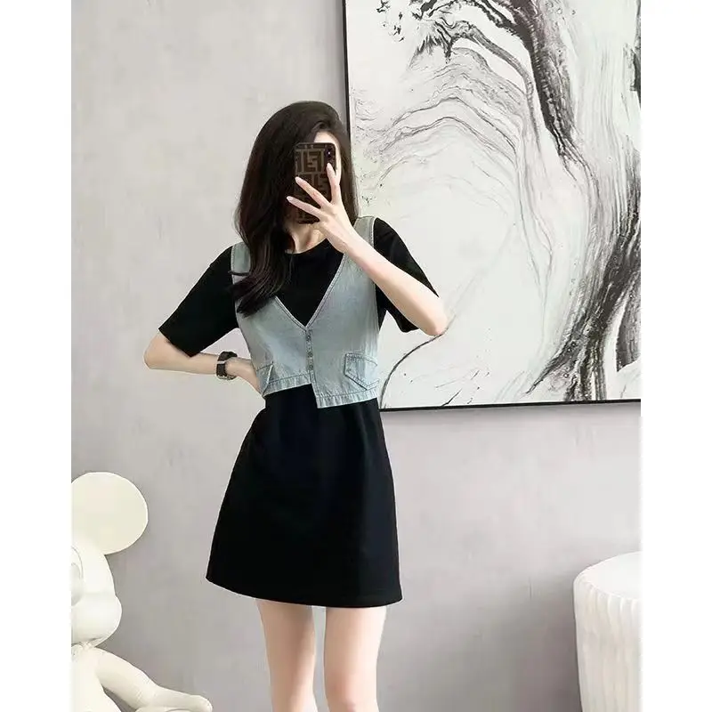 High-End-Ele Denim Patchwork Dr Damen A-Linie Sommer Abnehmen Hohe Taille Polyesterfaser Mid-Slee Hoher Kragen