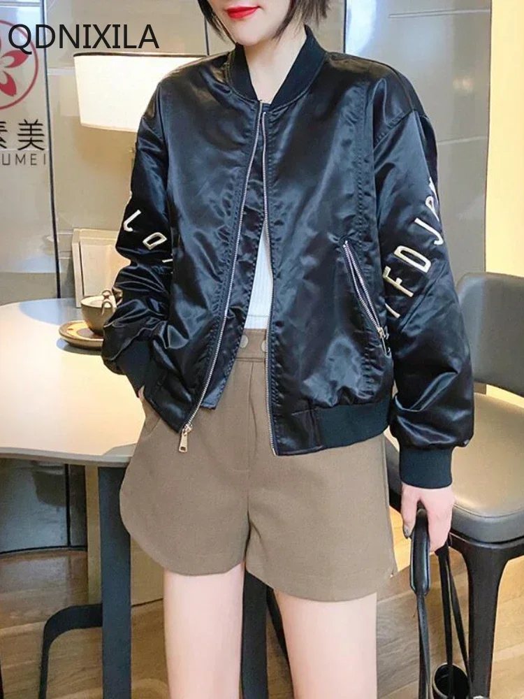 Black Loose Baseball Jersey for Women, Short Jackets, Korean Review Clothes,Casual Baseball Jersey, New Woman Clothing,  Autumn