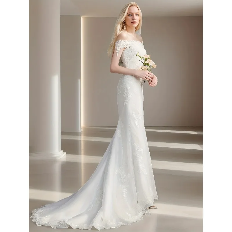 Elegant Off - Shoulder Wedding Dress Women's White Lace Mermaid Gown with Sheer Short Sleeves for Romantic Party Gown Customized