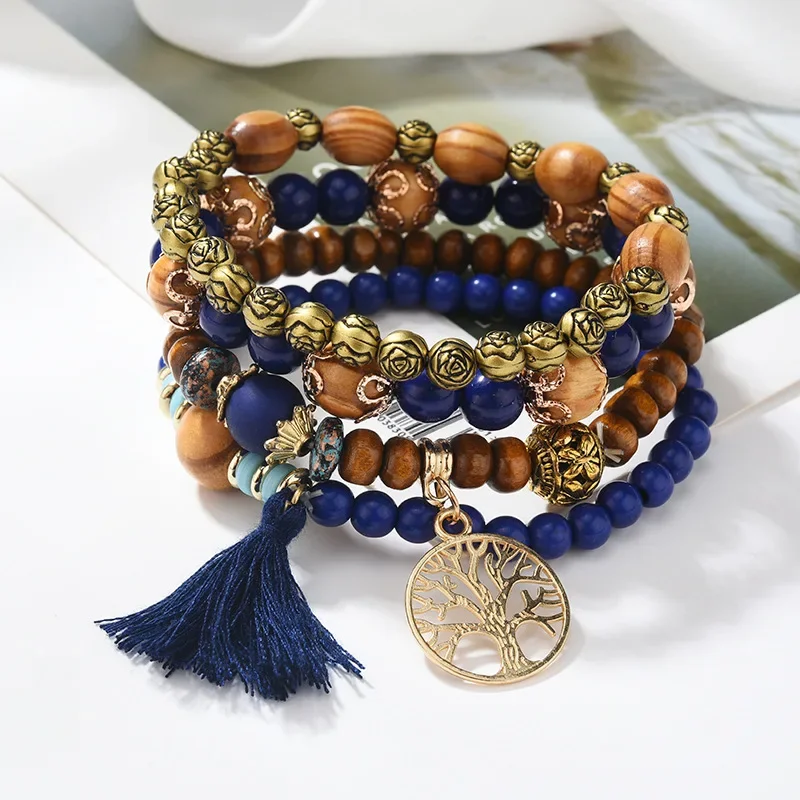 Bohemian Bracelet Creative Ladies Tree of Life Jewelry Tassel Multi-layer Wooden Beaded Ethnic Style Fashion Women Bracelets