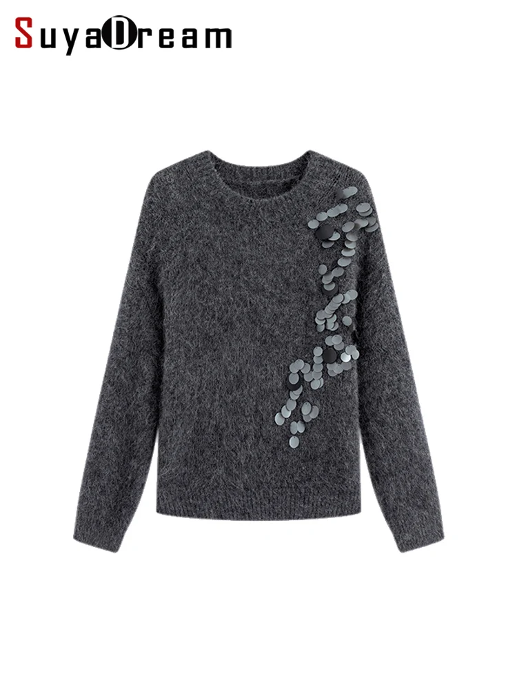 

SuyaDream, женские пуловеры, 57% альпака, круглый вырез, шикарные свитера с аппликацией, осенне-зимний теплый топ 2024, темно-серый, белый