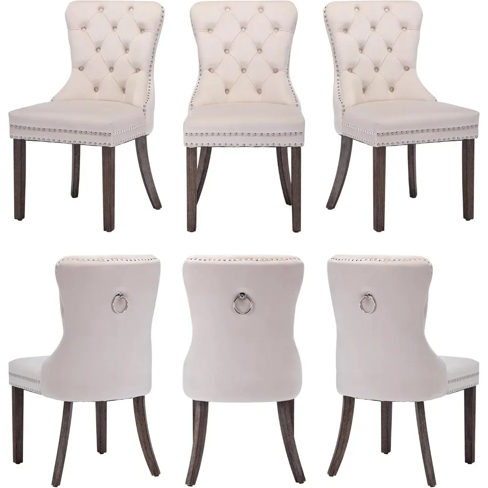 

Dining Room Chairs Set of 6,Velvet Button Tufted Dining Chairs with Rivet Trim Metal Pull Ring Wood Legs for Kitchen Dining Room