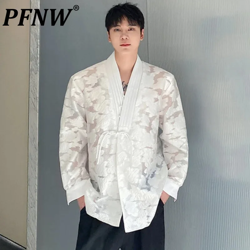 

PFNW Male Shirts Personality V-neck Hollow Out Jacquard Knot Button Solid Color Men's Long Sleeve Shirt New Chinese Style 9C4962