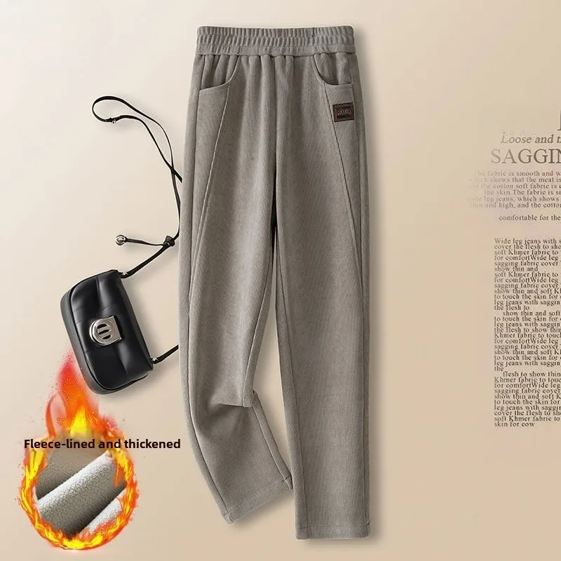 Thickened Fleece Warmth Elastic Waist Harlan Pants for Middle-Aged And Elderly Women Autumn Winter Casual High Waist Polyeste...