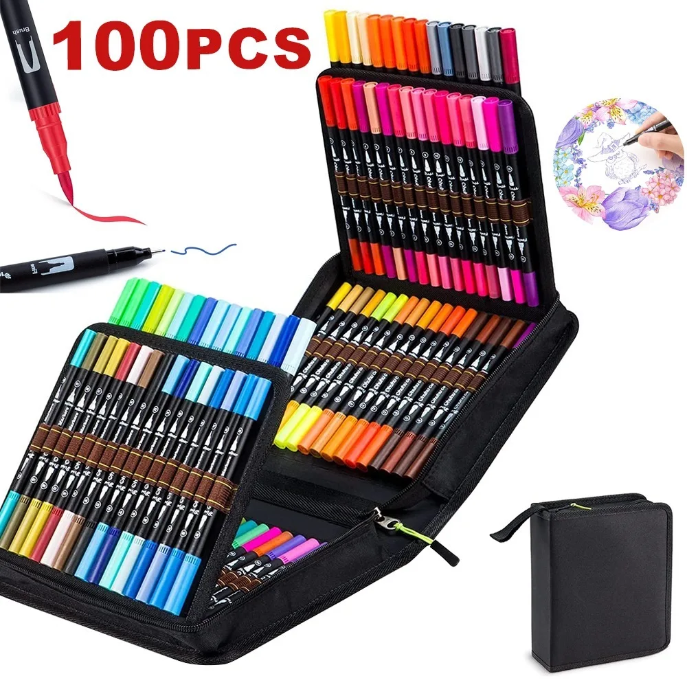 Stylos de coloriage 100 couleurs, stylos à double pointe, feutres à pointe pinceau, pour livres de coloriage pour adultes, calligraphie, dessin, peinture, croquis, surlignage