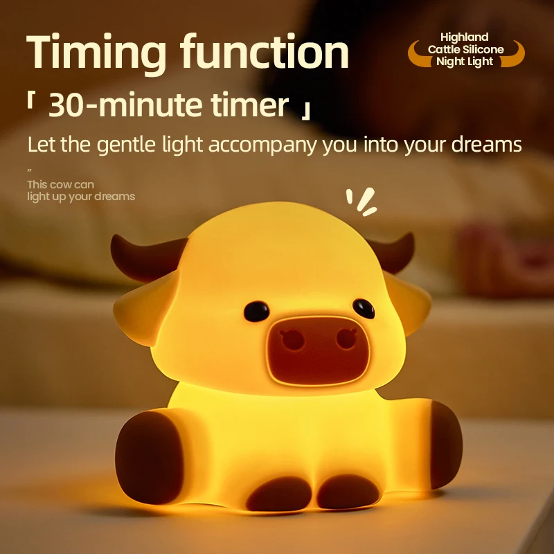 Lampka nocna Highland Cattle z timerem, lampki LED do karmienia, lampka biurkowa anime, dekoracje do pokoju, lampki silikonowe, prezenty urodzinowe dla dzieci.