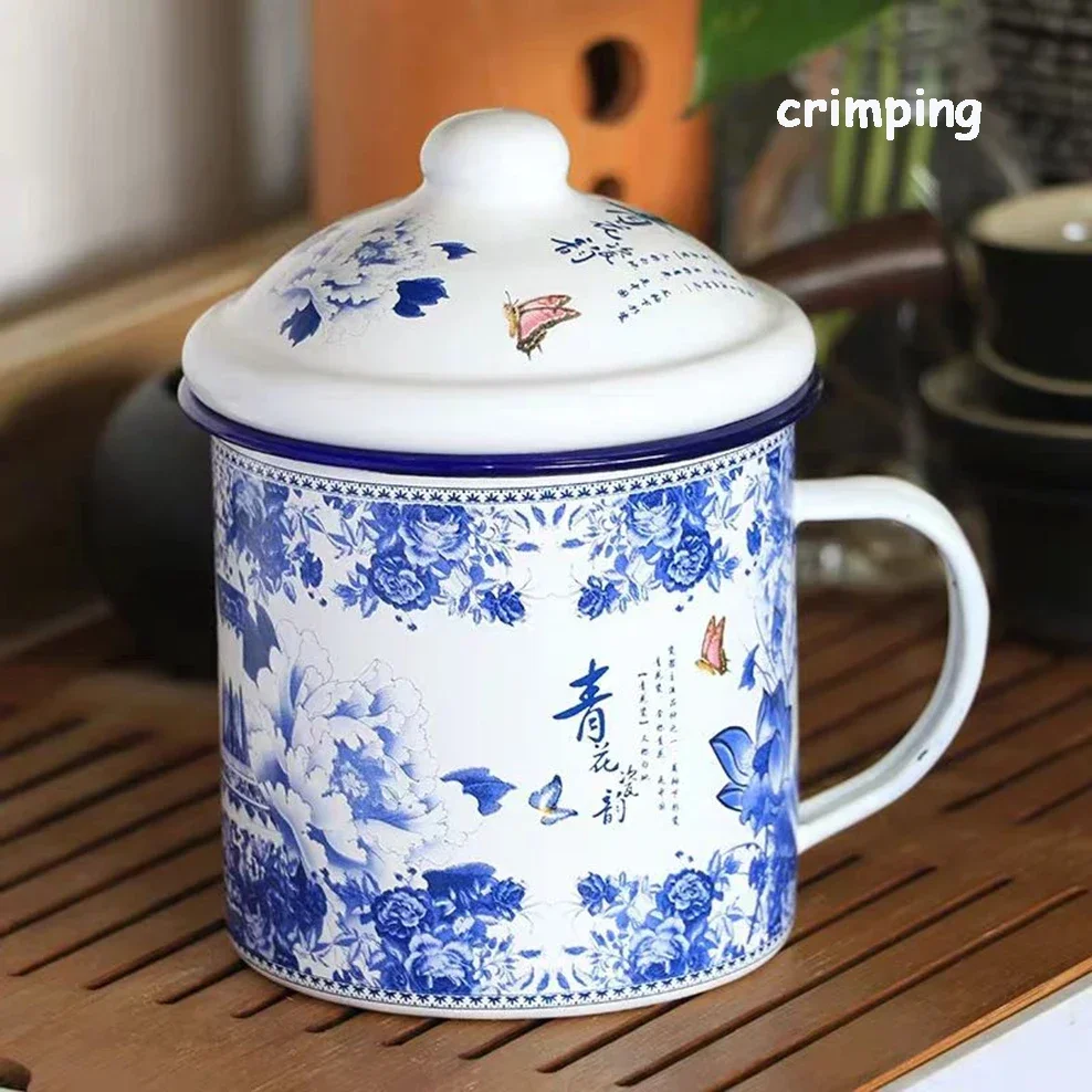 700ML Enamel Cup Chinese Style Blue And White Porcelain Tea Mug With Lid 10CM Caliber Office Teacup Nostalgic Enamel Mug