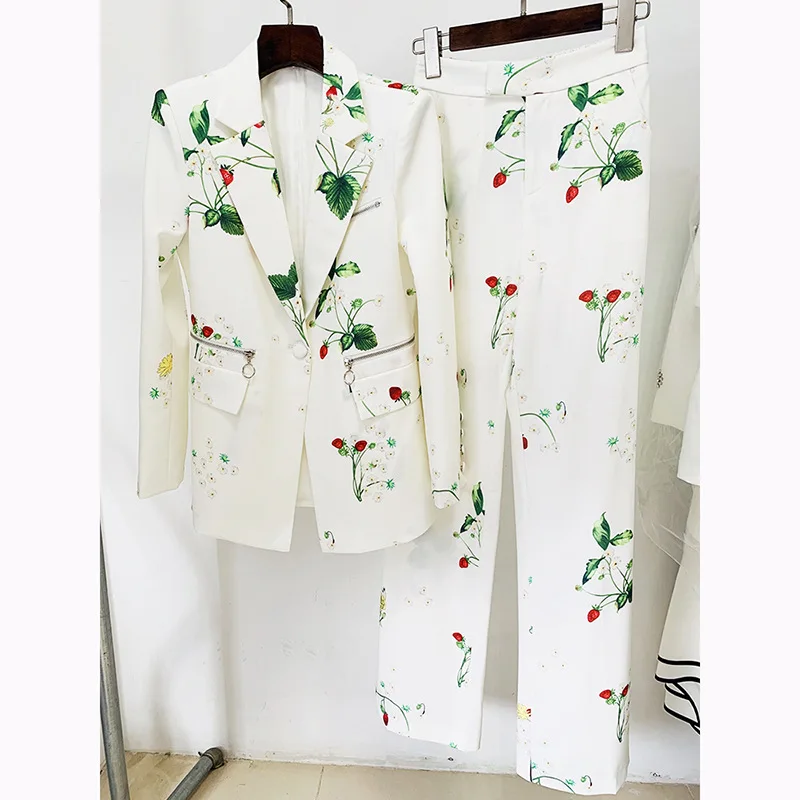 

Women Chic Pant Suit White Designer Runway Single Button Strawberry Floral Printed Fashion Blazer And Trouser Casual 2 Piece Set