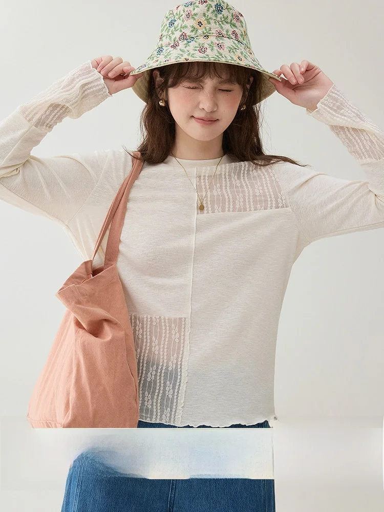 AMUU Original Design Long Sleeve Hollow out round Neck T-Shirt Women's Base Layer Top Spring Autumn New Style Comfortable Fit