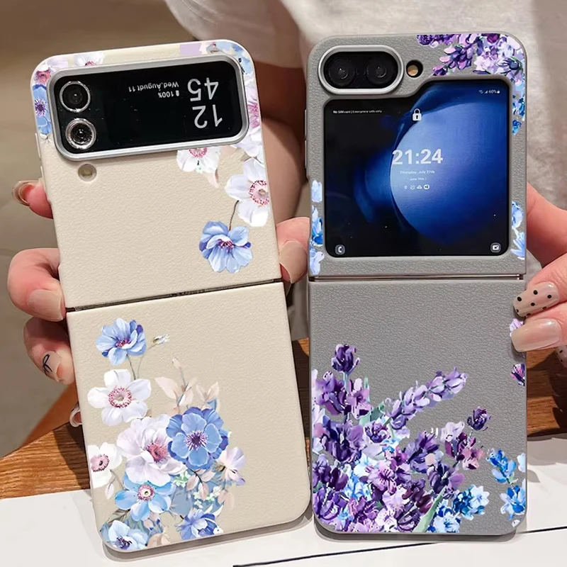 Lavender Print Phone Case For Samsung Galaxy Z Flip7 Flip6 Flip5 Flip4 Flip 7 6 5 4 3 5G Leather Texture TPU Folding Soft Cover