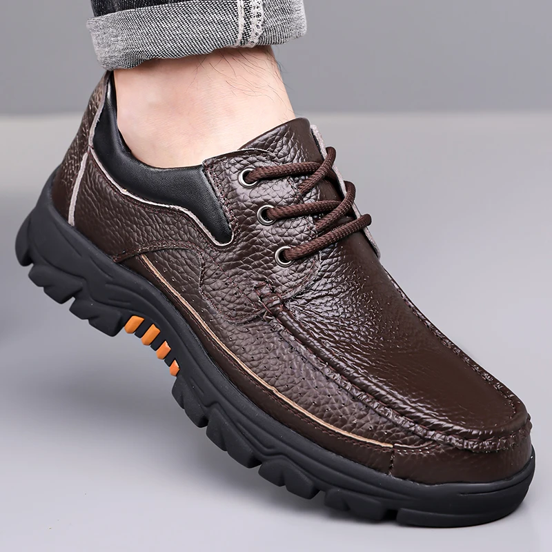 

Hot Sale Men Genuine Leather Casual Shoes Soft Sole Lace-up Luxury Brand Middle-aged Old Man Dad Lightweight Loafers Shoes
