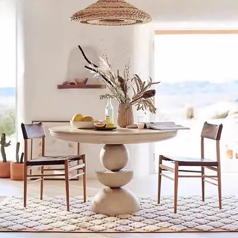 

Light luxury restaurant solid wood round dining table simple and old table furniture