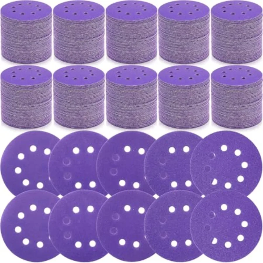 

200 шт. 5-дюймовых фиолетовых керамических шлифовальных дисков с 8 отверстиями на липучке, набор наждачной бумаги с разными зернистостями: 60/80/100/120/150/180/240/320/400/600